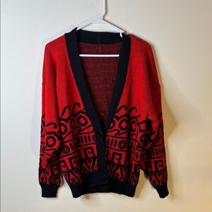🔴 Unique Red and Black Patterned Cardigan - One Size